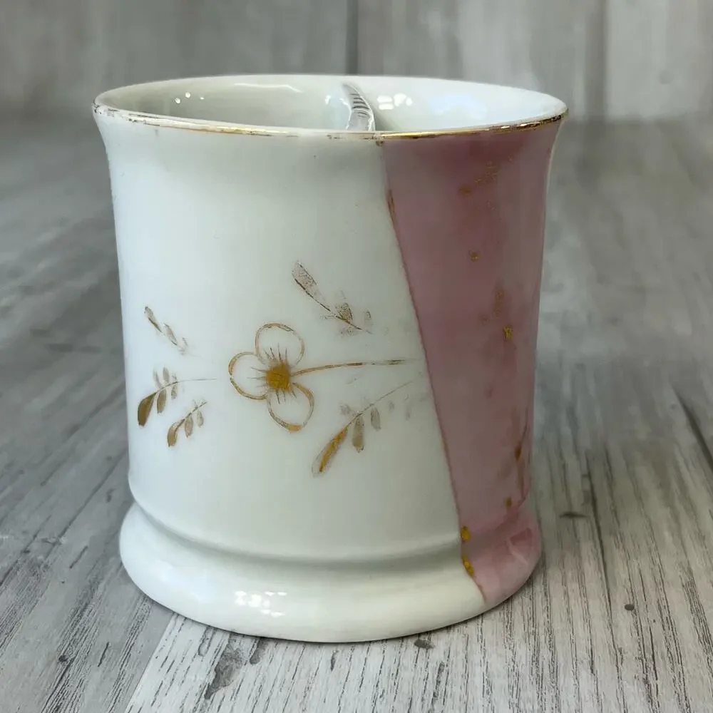 Vintage White Pink Floral Accent Gold Trim Shaving Mug Cup Decor